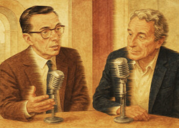 Deux hommes politiques français discutant face à des micros lors d’une émission ou d’un débat, dans une ambiance rétro.