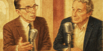 Deux hommes politiques français discutant face à des micros lors d’une émission ou d’un débat, dans une ambiance rétro.