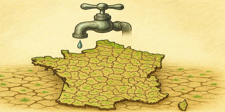 Carte de France desséchée sous un robinet presque vide symbolisant la crise des finances départementales
