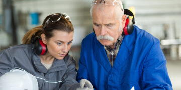 Un apprenti senior en bleu de travail reçoit des compétences de la part d'une jeune formatrice dans un atelier industriel, dans le cadre d’une formation professionnelle dans la région Grand Est.