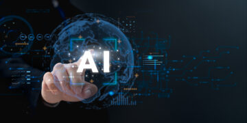 Un doigt touche une interface virtuelle marquée "AI" avec un globe terrestre en arrière-plan, symbolisant l’intelligence artificielle.