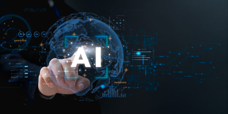 Un doigt touche une interface virtuelle marquée "AI" avec un globe terrestre en arrière-plan, symbolisant l’intelligence artificielle.