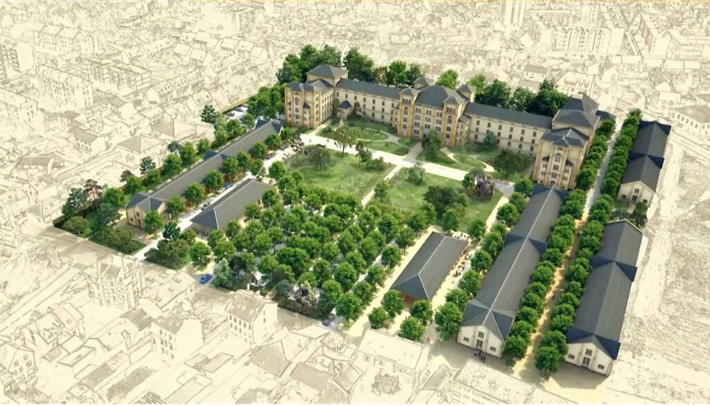 Vue aérienne du projet de réhabilitation de la caserne Desvallières à Metz, transformée en quartier résidentiel et arboré
