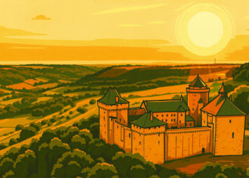 Illustration vintage du château de Malbrouck au coucher du soleil, dans la campagne de Moselle