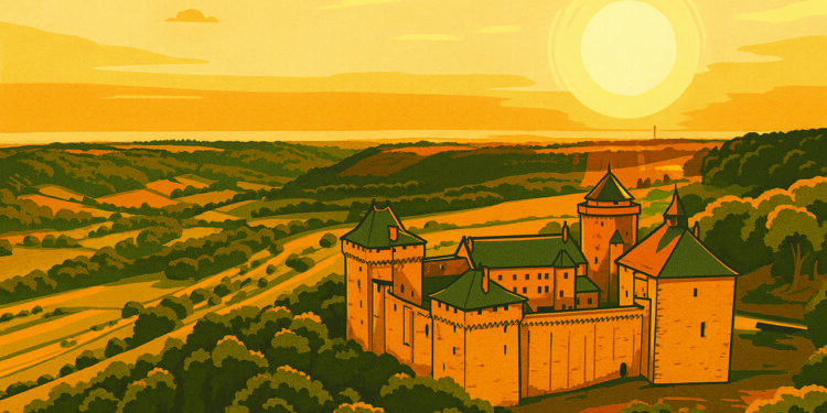 Illustration vintage du château de Malbrouck au coucher du soleil, dans la campagne de Moselle