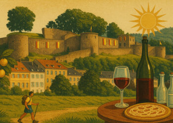 Château des ducs de Lorraine à Sierck-les-Bains avec mirabellier, randonneur et produits du terroir mosellan en été