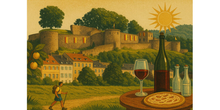 Château des ducs de Lorraine à Sierck-les-Bains avec mirabellier, randonneur et produits du terroir mosellan en été