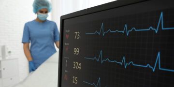 Écran de surveillance médicale affichant le rythme cardiaque, la température corporelle et la saturation en oxygène, avec une infirmière en arrière-plan