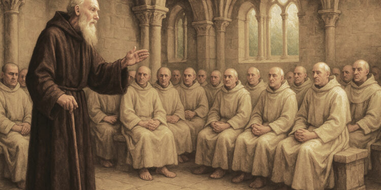 Moines réunis dans une salle capitulaire pour discuter, illustration de l’expression « avoir voix au chapitre ».