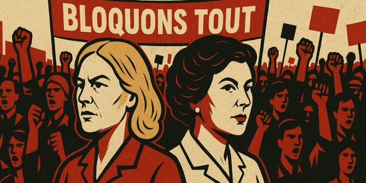 Manifestation avec le slogan Bloquons tout, illustration de l’édito de Vianney Huguenot.