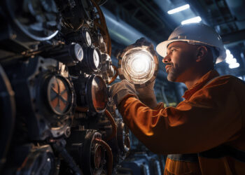 Salarié en mécanique industrielle au Luxembourg inspectant une machine dans un atelier moderne.