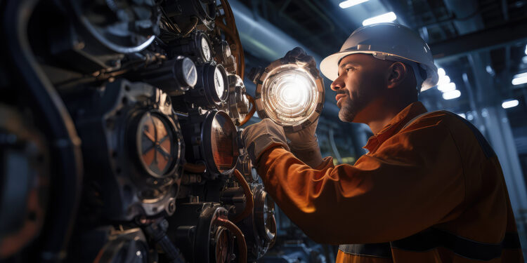 Salarié en mécanique industrielle au Luxembourg inspectant une machine dans un atelier moderne.