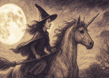 orcière chevauchant une licorne sous la pleine lune – illustration poétique du festival Bêtes et Sorcières en Moselle