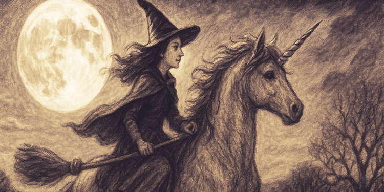 orcière chevauchant une licorne sous la pleine lune – illustration poétique du festival Bêtes et Sorcières en Moselle
