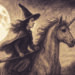 orcière chevauchant une licorne sous la pleine lune – illustration poétique du festival Bêtes et Sorcières en Moselle