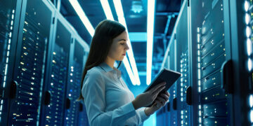 Ingénieure supervisant des serveurs dans un data center de haute densité, évoquant les infrastructures prévues en Moselle pour l’intelligence artificielle.