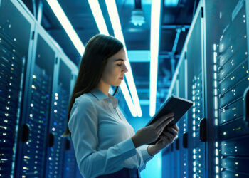 Ingénieure supervisant des serveurs dans un data center de haute densité, évoquant les infrastructures prévues en Moselle pour l’intelligence artificielle.