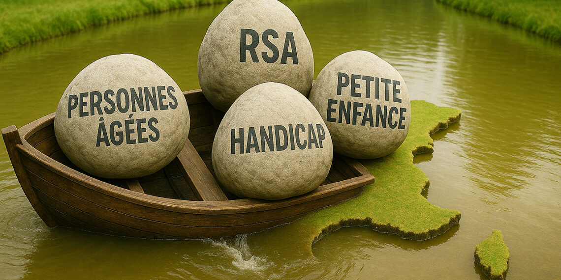 Barque en bois prenant l’eau dans une mare en forme de carte de France, surchargée par quatre gros cailloux étiquetés « Personnes âgées », « RSA », « Handicap » et « Petite enfance ».
