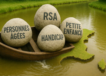 Barque en bois prenant l’eau dans une mare en forme de carte de France, surchargée par quatre gros cailloux étiquetés « Personnes âgées », « RSA », « Handicap » et « Petite enfance ».