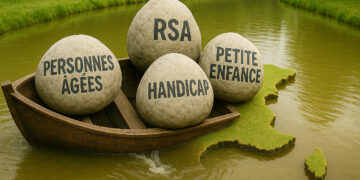 Barque en bois prenant l’eau dans une mare en forme de carte de France, surchargée par quatre gros cailloux étiquetés « Personnes âgées », « RSA », « Handicap » et « Petite enfance ».