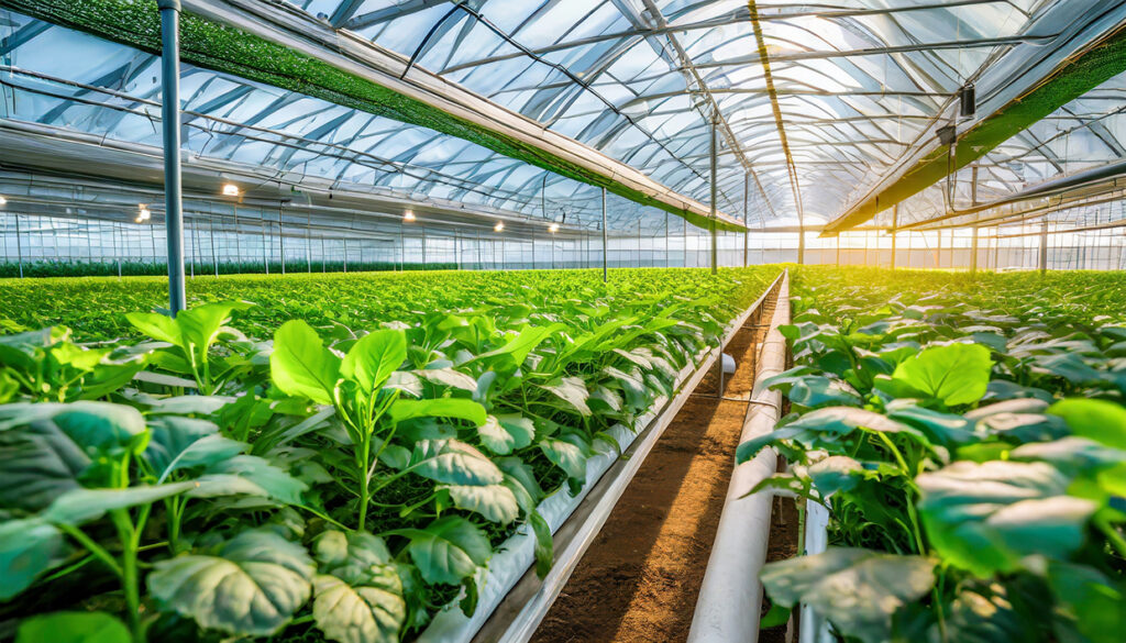 Serre agricole moderne éclairée par la lumière naturelle, illustrant la possible valorisation de chaleur issue des data centers en Moselle.