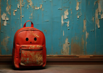 Cartable abandonné sur un sol usé, symbole de la solitude et du harcèlement scolaire.