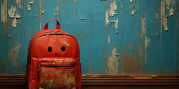 Cartable abandonné sur un sol usé, symbole de la solitude et du harcèlement scolaire.