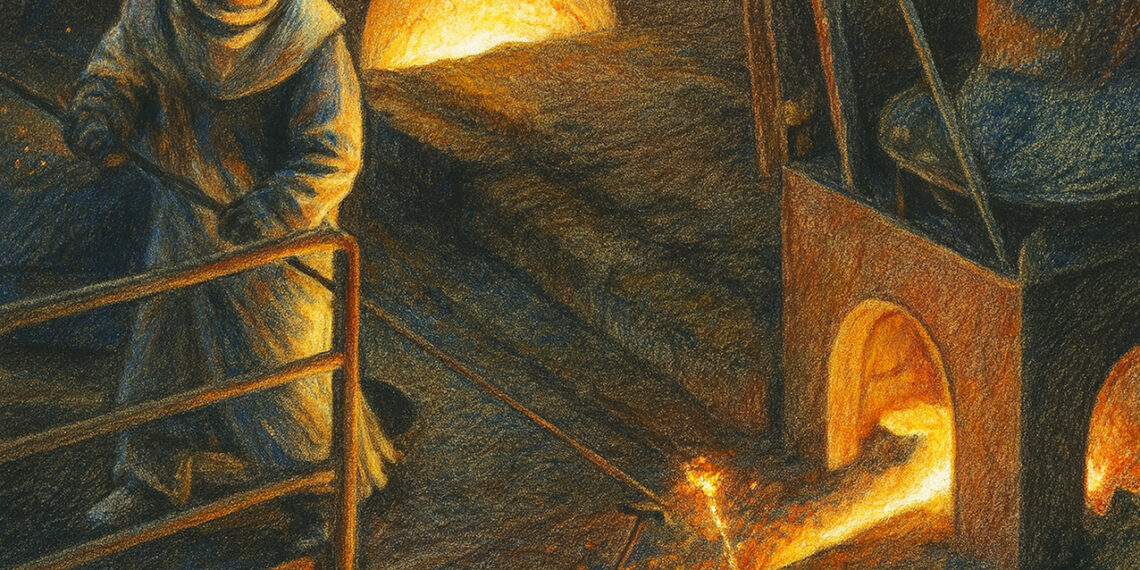 Ouvrier sidérurgiste en tenue aluminisée manipulant le métal en fusion devant un four industriel en Lorraine.