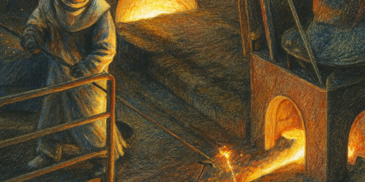 Ouvrier sidérurgiste en tenue aluminisée manipulant le métal en fusion devant un four industriel en Lorraine.