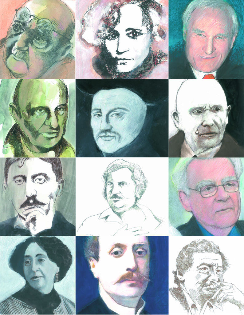 Planche de portraits illustrés par Philippe Lorin, représentant des figures majeures de la littérature et de la culture françaises