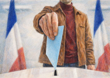 Homme déposant un bulletin de vote bleu clair dans une urne, illustration crayonnée des élections municipales 2026 et de la présidentielle 2027 en France.