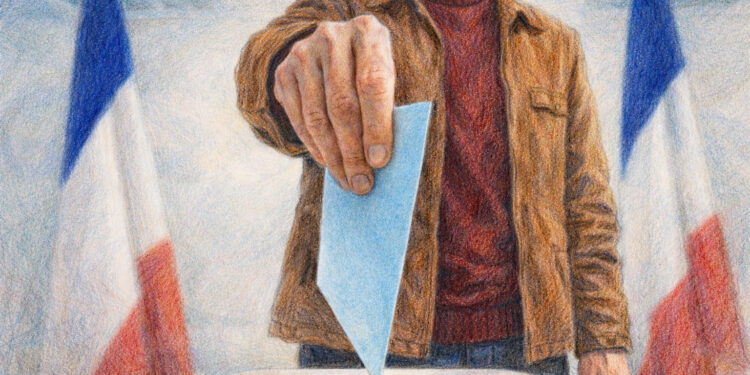 Homme déposant un bulletin de vote bleu clair dans une urne, illustration crayonnée des élections municipales 2026 et de la présidentielle 2027 en France.
