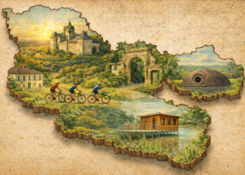 Illustration vintage panoramique du Graoully Moselle Tour 2026 représentant la Moselle, ses paysages, son patrimoine et des cyclistes en randonnée