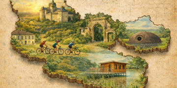 Illustration vintage panoramique du Graoully Moselle Tour 2026 représentant la Moselle, ses paysages, son patrimoine et des cyclistes en randonnée