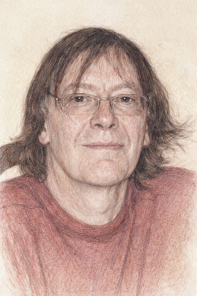 Portrait crayonné couleur de Pierre Lagrue, historien du sport et auteur