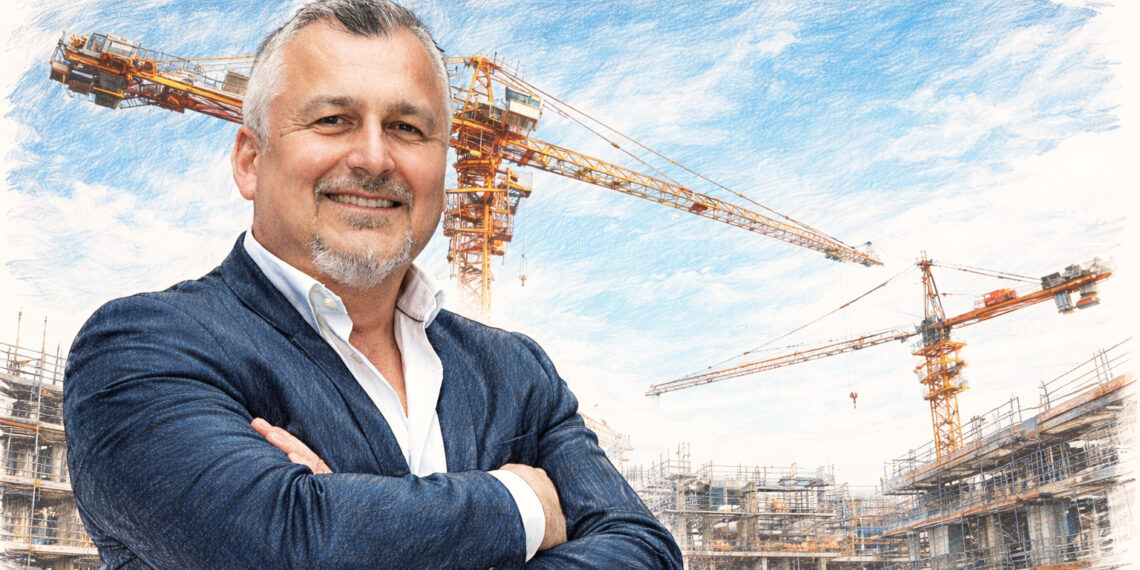 Salvatore Schroeder, directeur général de WIG France, illustré devant un chantier avec grues, lors d’une conférence économique à Metz sur le bâtiment et l’industrie