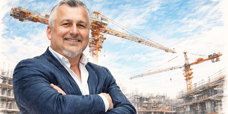 Salvatore Schroeder, directeur général de WIG France, illustré devant un chantier avec grues, lors d’une conférence économique à Metz sur le bâtiment et l’industrie