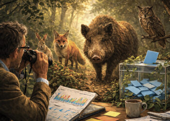 Analyste politique observant des animaux sauvages symbolisant l’électeur imprévisible lors des élections municipales