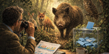 Analyste politique observant des animaux sauvages symbolisant l’électeur imprévisible lors des élections municipales