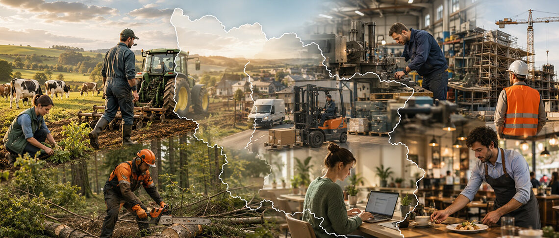 Illustration panoramique représentant des travailleurs agricoles, forestiers, industriels, du bâtiment, de la logistique et de la restauration en Lorraine
