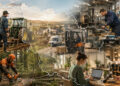 Illustration panoramique représentant des travailleurs agricoles, forestiers, industriels, du bâtiment, de la logistique et de la restauration en Lorraine