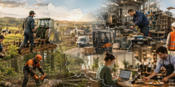 Illustration panoramique représentant des travailleurs agricoles, forestiers, industriels, du bâtiment, de la logistique et de la restauration en Lorraine