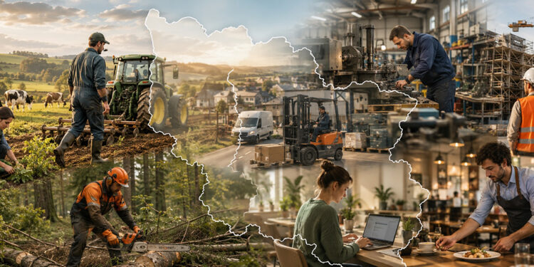 Illustration panoramique représentant des travailleurs agricoles, forestiers, industriels, du bâtiment, de la logistique et de la restauration en Lorraine