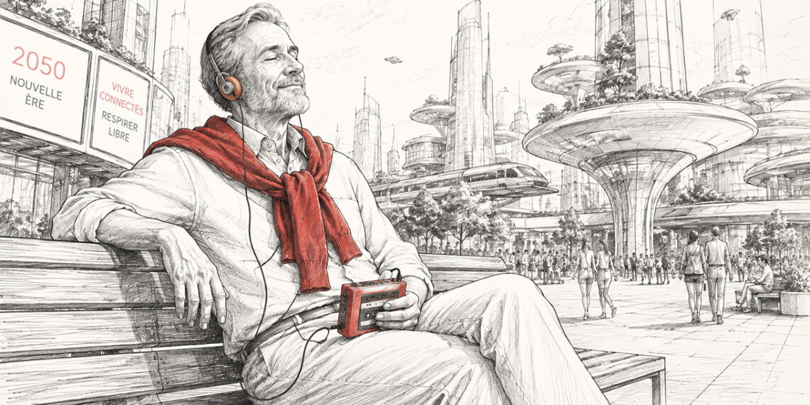 Illustration d’un homme écoutant un walkman dans une ville futuriste, symbole de la nostalgie face au monde de demain
