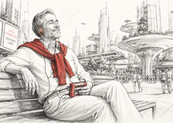 Illustration d’un homme écoutant un walkman dans une ville futuriste, symbole de la nostalgie face au monde de demain