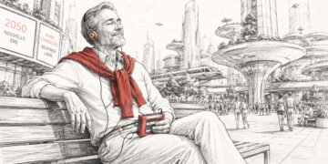 Illustration d’un homme écoutant un walkman dans une ville futuriste, symbole de la nostalgie face au monde de demain