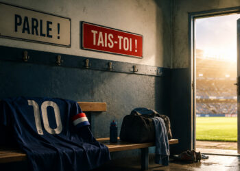 Vestiaire de football avec un maillot de capitaine placé sous deux panneaux contradictoires « Parle ! » et « Tais-toi ! », symbole du débat sur la liberté d’expression des sportifs.