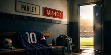 Vestiaire de football avec un maillot de capitaine placé sous deux panneaux contradictoires « Parle ! » et « Tais-toi ! », symbole du débat sur la liberté d’expression des sportifs.