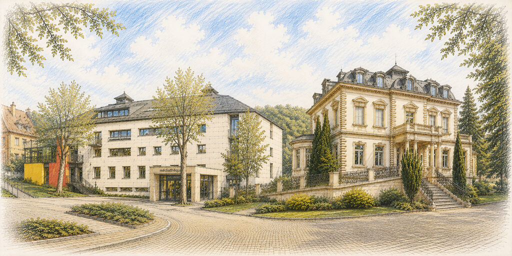 Illustration de la future Villa Mosellane à Nilvange associant la médiathèque départementale et le château, futur lieu dédié à la culture, à la création et aux arts numériques.