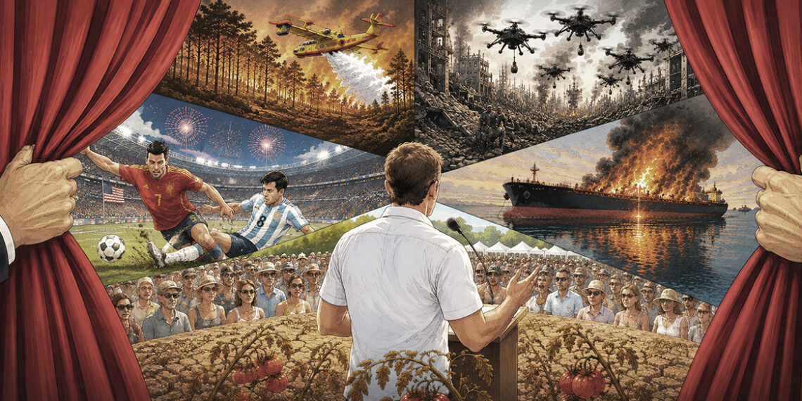 Illustration de l’édito de Vianney Huguenot sur l’été 2026 entre incendies, guerre en Ukraine, Coupe du monde, canicule et campagne présidentielle
